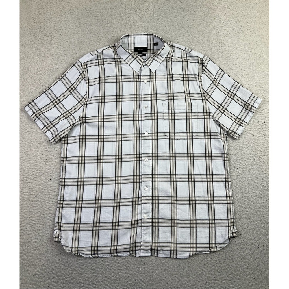 Vince Shirt Mens XL White Plaid Cotton Rayon Short Sleeve Button Up Casual